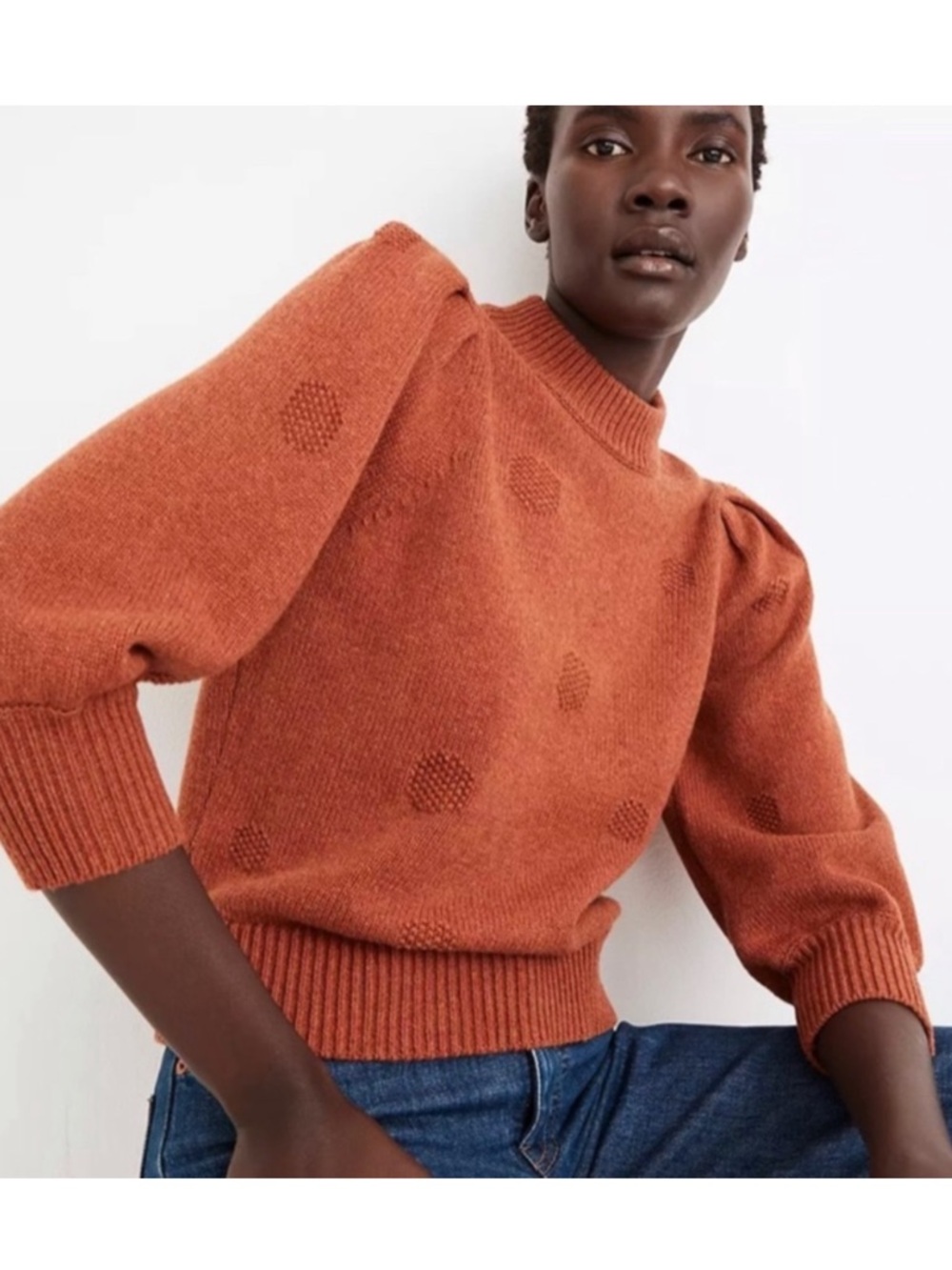 Madewell Dotted Eaton Puff-Sleeve Pullover Sweater Cotton-Merino Rust XS